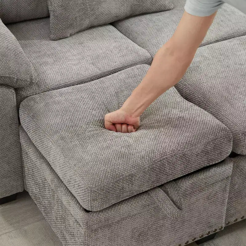 Canapé d'angle en forme de L 97" avec pouf de rangement, canapé d'angle 7 places en tissu chenille avec 2 oreillers pour salon - ModernLuxe