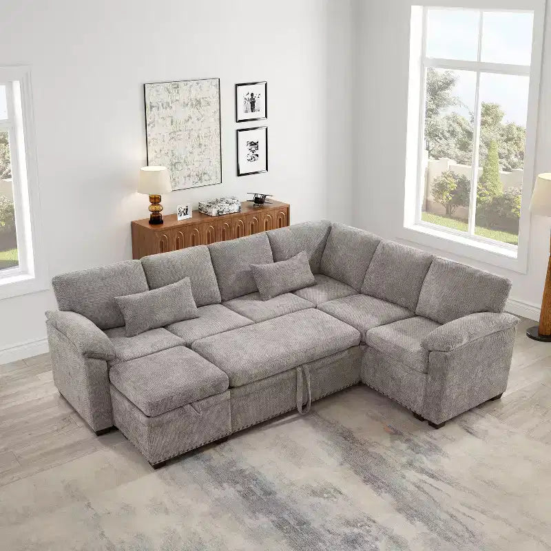 Canapé d'angle en forme de L 97" avec pouf de rangement, canapé d'angle 7 places en tissu chenille avec 2 oreillers pour salon - ModernLuxe