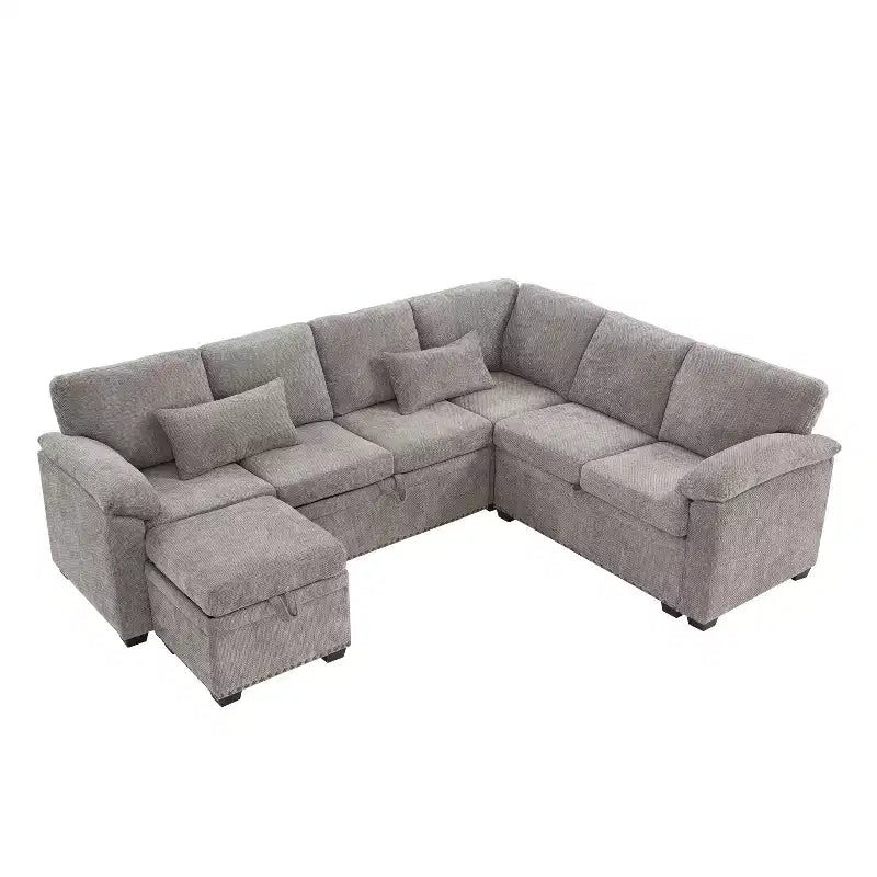 Canapé d'angle en forme de L 97" avec pouf de rangement, canapé d'angle 7 places en tissu chenille avec 2 oreillers pour salon - ModernLuxe