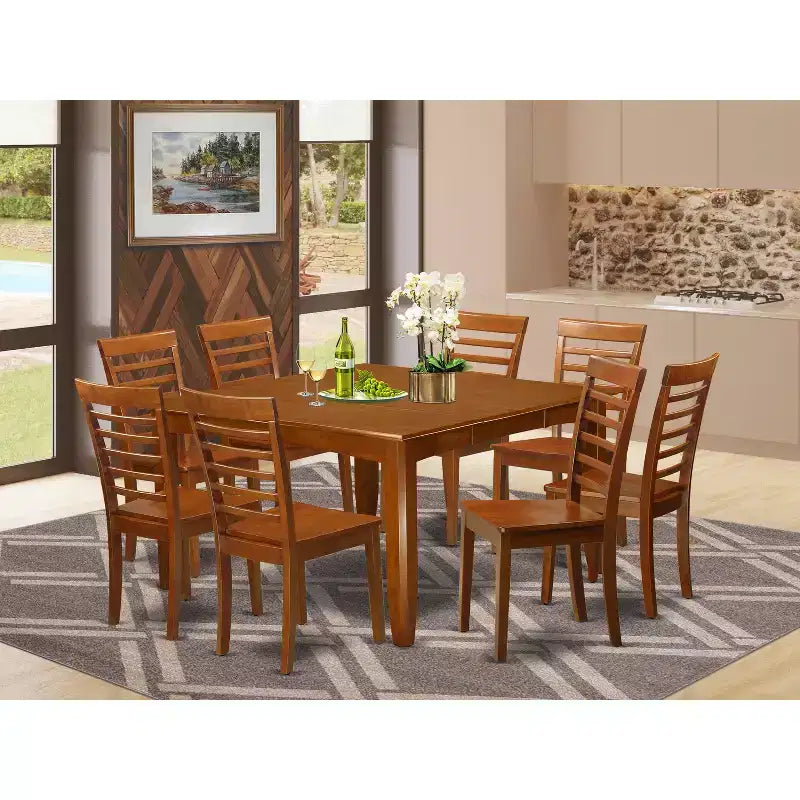 HomeStock 9 Piece Dining Table Set Saddle Brown Square Table with Chairs