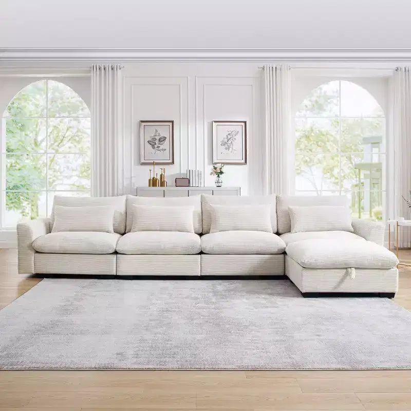 Christopher Knight Home Nelly Grand Canapé Sectionnel en Corduroy en Forme de L de 157,5, avec Ottoman de Rangement et 4 Coussins Lombaires