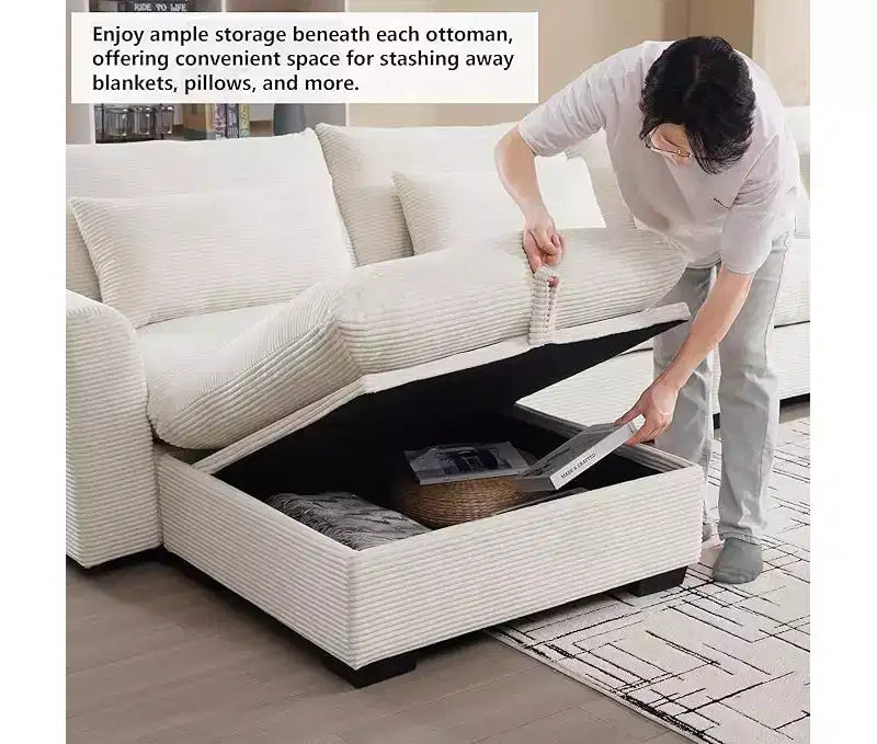 Christopher Knight Home Nelly Grand Canapé Sectionnel en Corduroy en Forme de L de 157,5, avec Ottoman de Rangement et 4 Coussins Lombaires