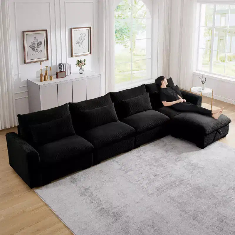 Christopher Knight Home Nelly Grand Canapé Sectionnel en Corduroy en Forme de L de 157,5, avec Ottoman de Rangement et 4 Coussins Lombaires