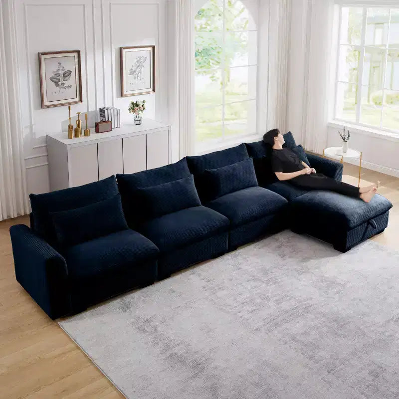 Christopher Knight Home Nelly Grand Canapé Sectionnel en Corduroy en Forme de L de 157,5, avec Ottoman de Rangement et 4 Coussins Lombaires