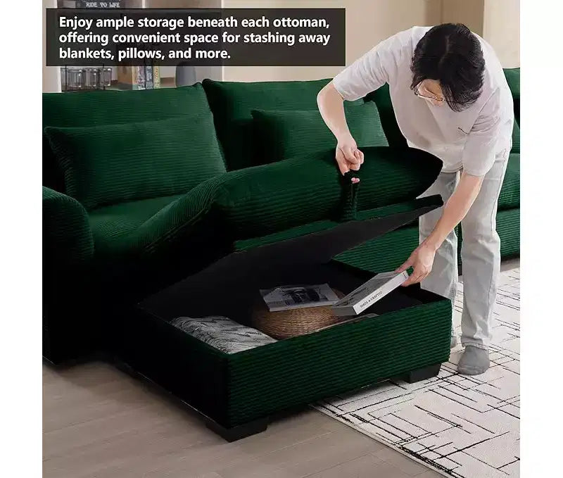 Christopher Knight Home Nelly Grand Canapé Sectionnel en Corduroy en Forme de L de 157,5, avec Ottoman de Rangement et 4 Coussins Lombaires