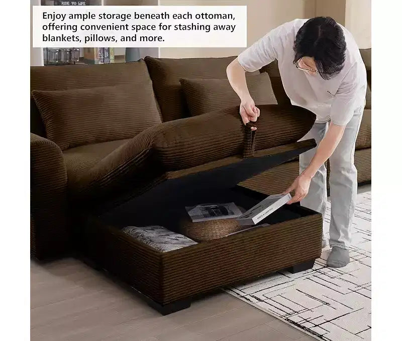 Christopher Knight Home Nelly Grand Canapé Sectionnel en Corduroy en Forme de L de 157,5, avec Ottoman de Rangement et 4 Coussins Lombaires