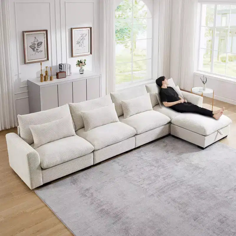 Christopher Knight Home Nelly Grand Canapé Sectionnel en Corduroy en Forme de L de 157,5, avec Ottoman de Rangement et 4 Coussins Lombaires