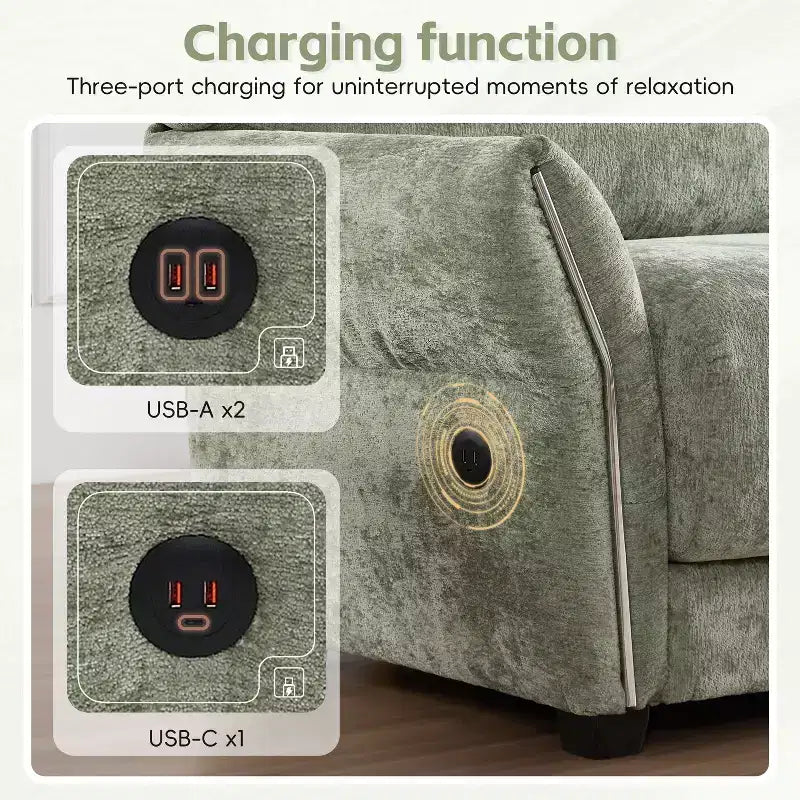 Ensemble de canapé d'angle en forme de L avec pouf, canapé 3 places en chenille avec assise extra-large et USB, 110