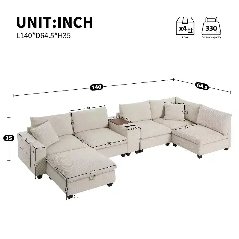 Canapé sectionnel modulaire en velours côtelé Polibi, multifonctionnel, surdimensionné, en U, 6 places, avec pouf de rangement