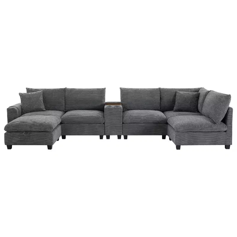 Canapé sectionnel modulaire en velours côtelé Polibi, multifonctionnel, surdimensionné, en U, 6 places, avec pouf de rangement