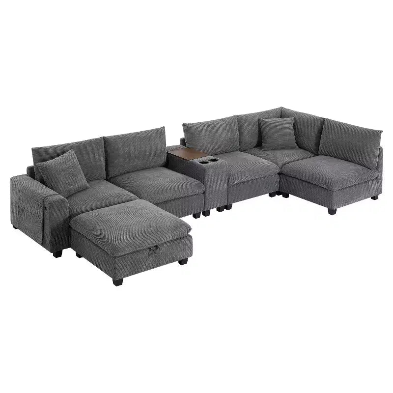Canapé sectionnel modulaire en velours côtelé Polibi, multifonctionnel, surdimensionné, en U, 6 places, avec pouf de rangement