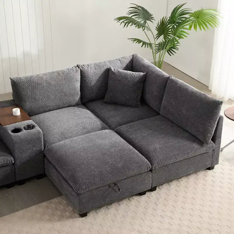 Canapé sectionnel modulaire en velours côtelé Polibi, multifonctionnel, surdimensionné, en U, 6 places, avec pouf de rangement