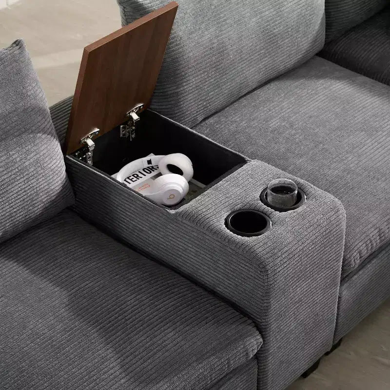 Canapé sectionnel modulaire en velours côtelé Polibi, multifonctionnel, surdimensionné, en U, 6 places, avec pouf de rangement
