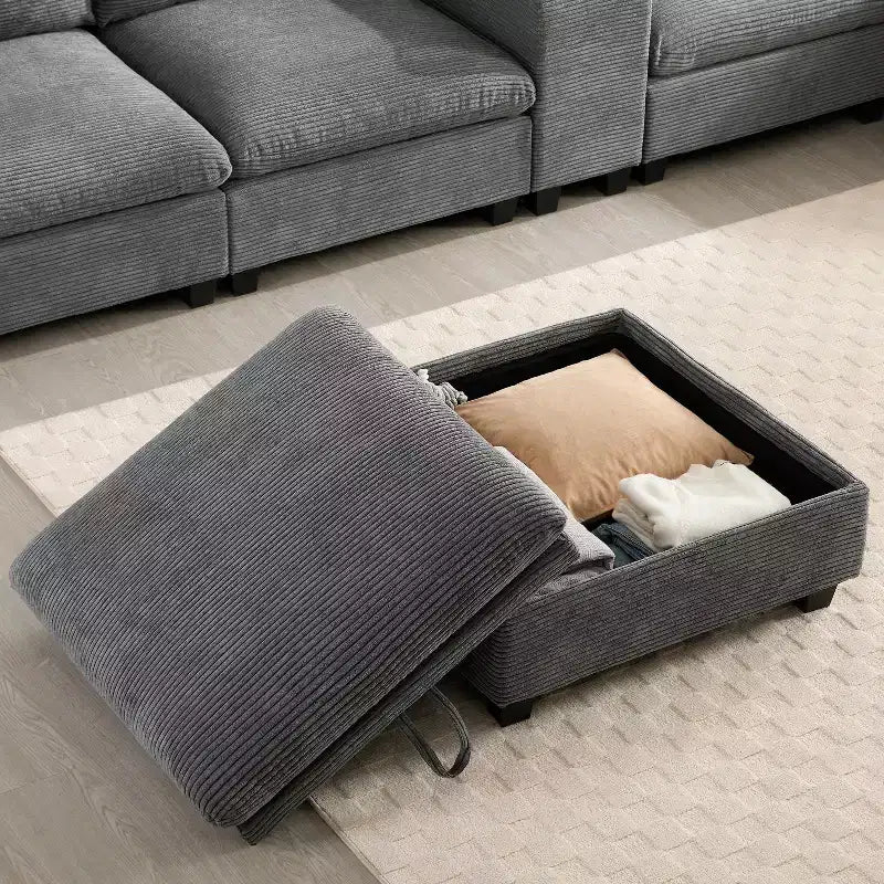 Canapé sectionnel modulaire en velours côtelé Polibi, multifonctionnel, surdimensionné, en U, 6 places, avec pouf de rangement