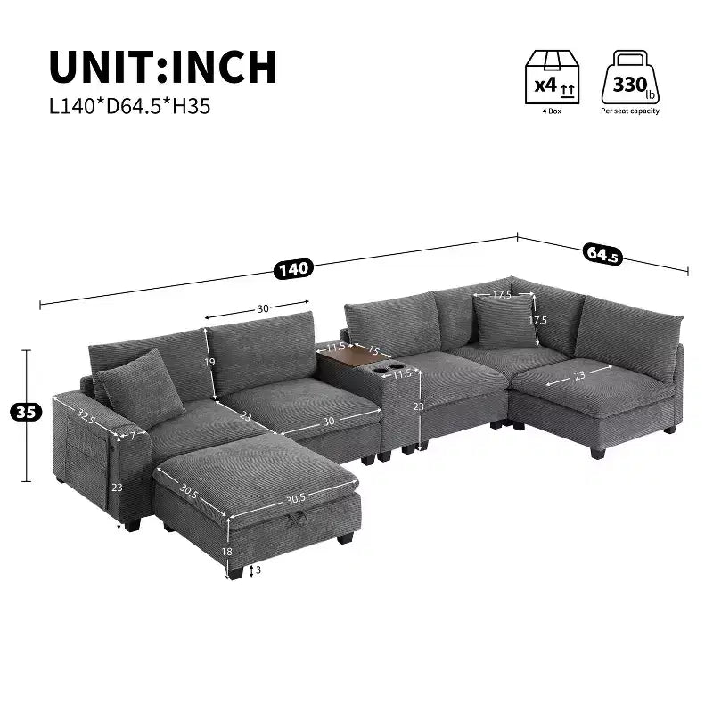 Canapé sectionnel modulaire en velours côtelé Polibi, multifonctionnel, surdimensionné, en U, 6 places, avec pouf de rangement