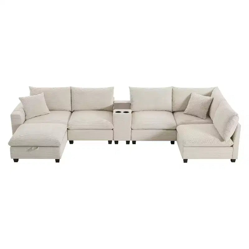 Canapé sectionnel modulaire en velours côtelé Polibi, multifonctionnel, surdimensionné, en U, 6 places, avec pouf de rangement
