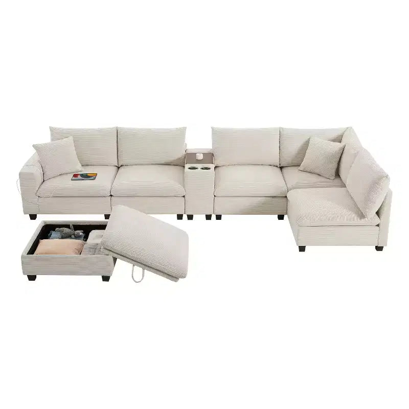 Canapé sectionnel modulaire en velours côtelé Polibi, multifonctionnel, surdimensionné, en U, 6 places, avec pouf de rangement