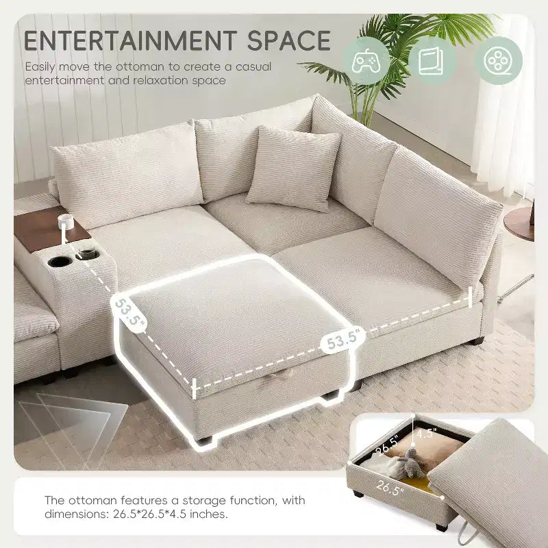 Canapé sectionnel modulaire en velours côtelé Polibi, multifonctionnel, surdimensionné, en U, 6 places, avec pouf de rangement