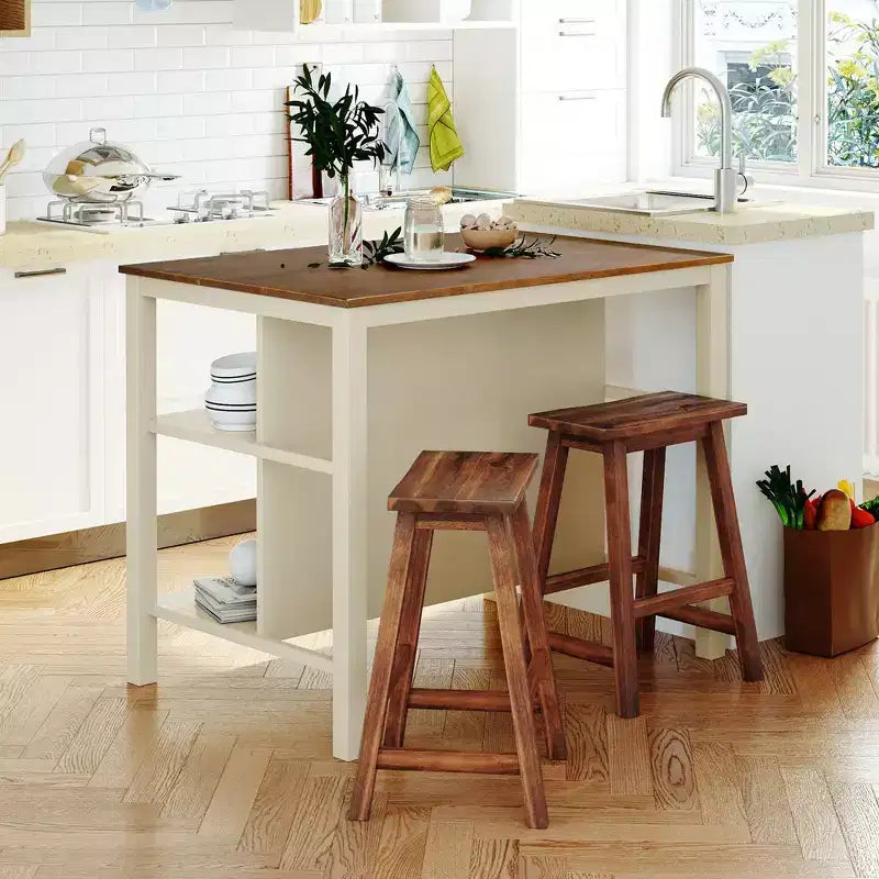 3-Piece Rustic Kitchen Island: 45 Solid Wood Table, 2 Seats, Open Shelves - Space-Saving