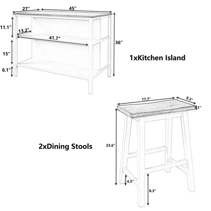 Îlot de Cuisine Rustique 3 Pièces : Table en Bois Massif 45", 2 Sièges, Étagères Ouvertes - Gain de Place