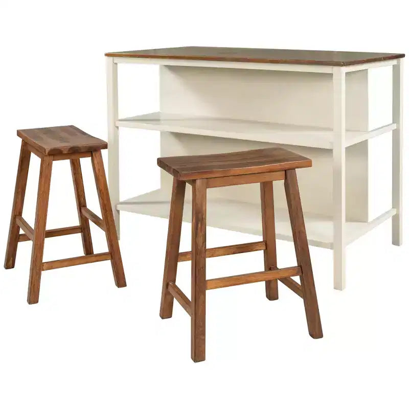 Îlot de Cuisine Rustique 3 Pièces : Table en Bois Massif 45", 2 Sièges, Étagères Ouvertes - Gain de Place