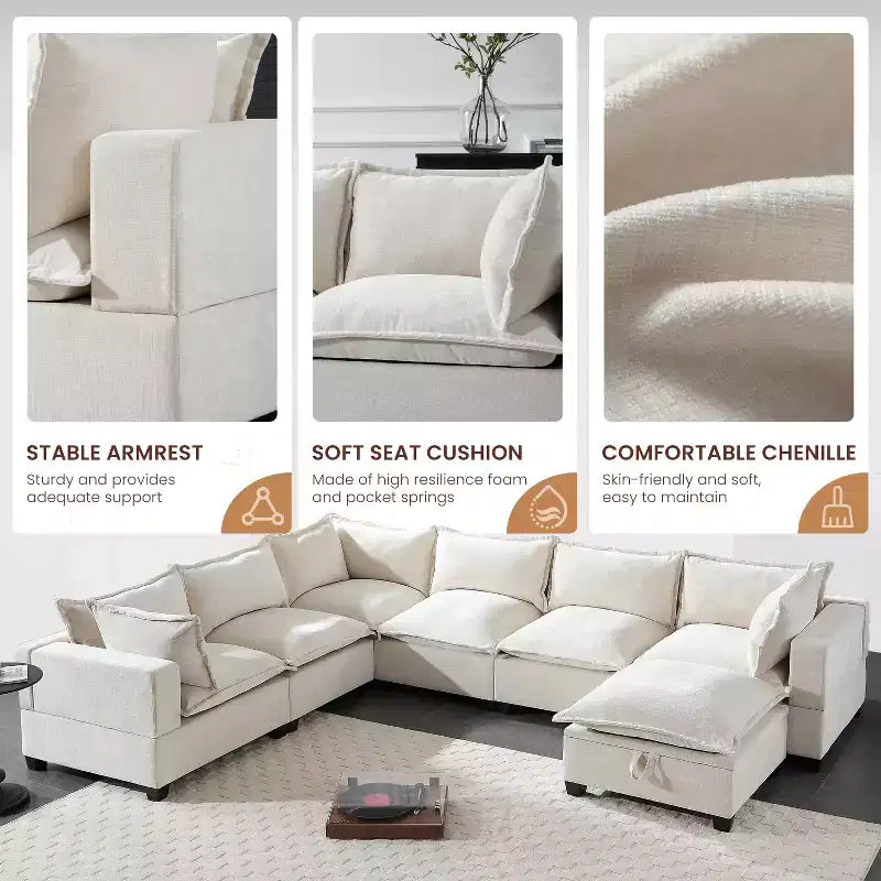 Canapé modulable en U surdimensionné à 7 places Polibi avec pouf de rangement