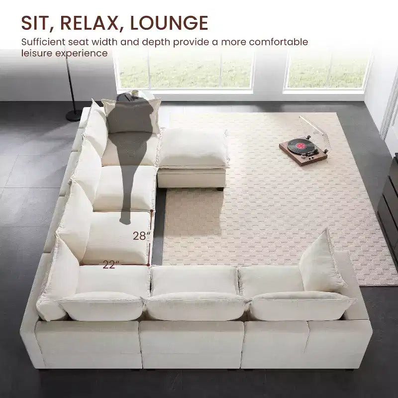 Canapé modulable en U surdimensionné à 7 places Polibi avec pouf de rangement
