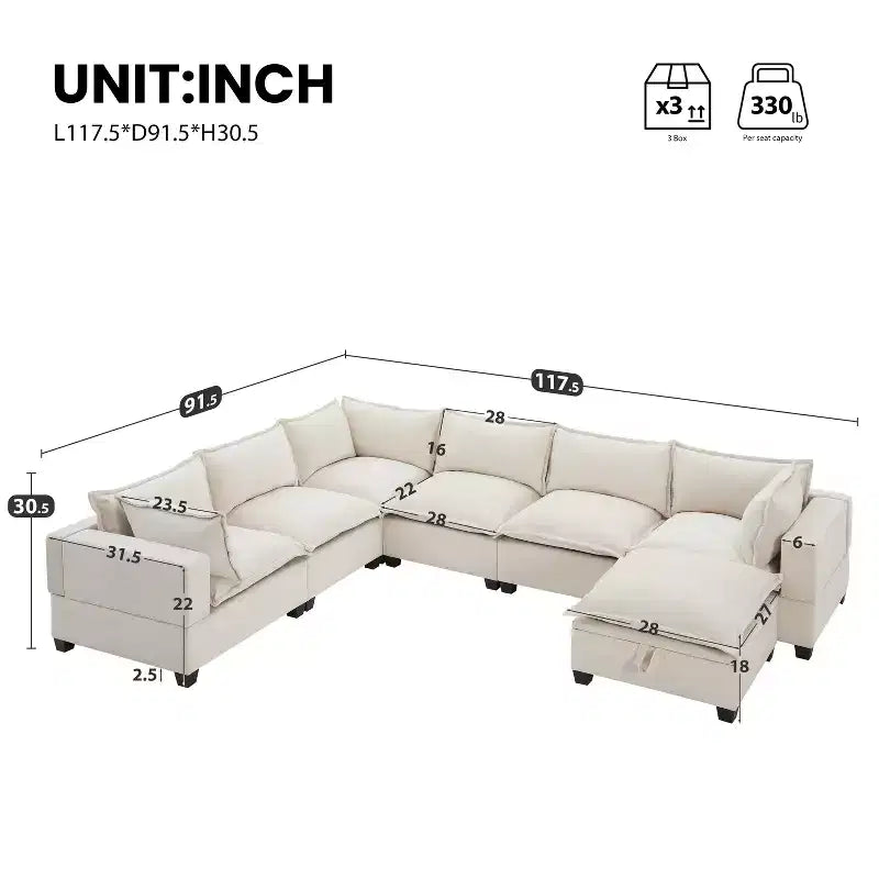 Canapé modulable en U surdimensionné à 7 places Polibi avec pouf de rangement