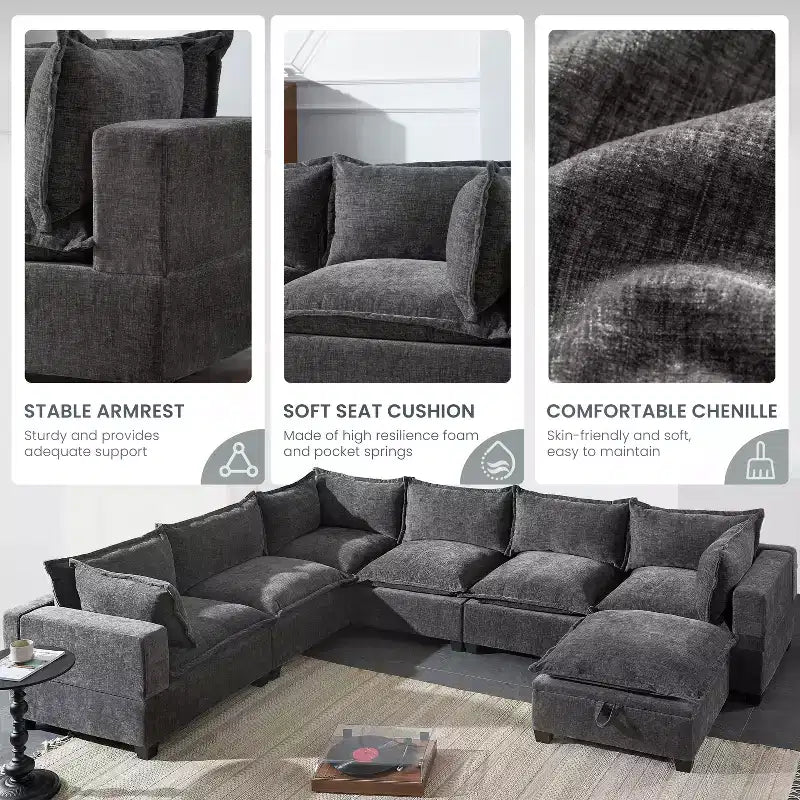 Canapé modulable en U surdimensionné à 7 places Polibi avec pouf de rangement
