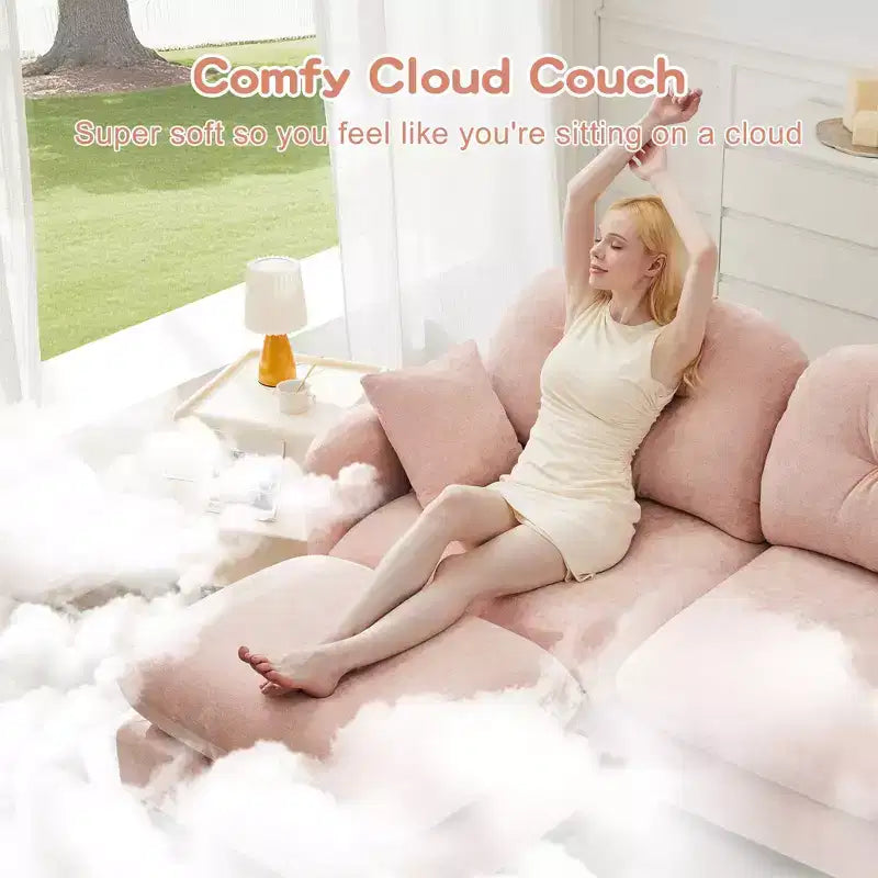 Canapé d'angle en L 74" beige nuage avec ottoman, en tissu chenille doux et mousse haute densité pour les salons