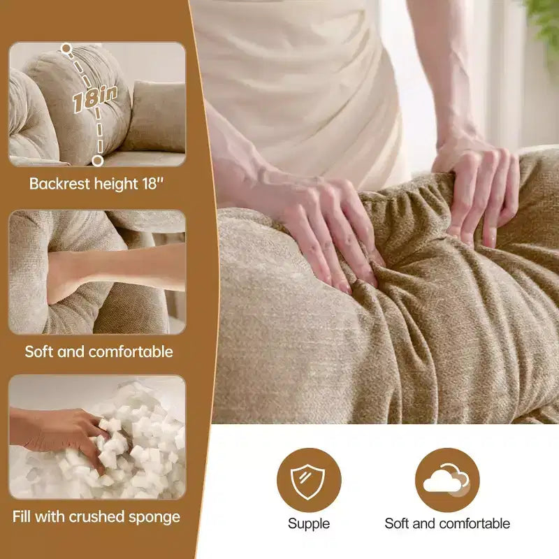 Canapé modulable 3 places beige en tissu chenille en forme de L avec pouf pour salons