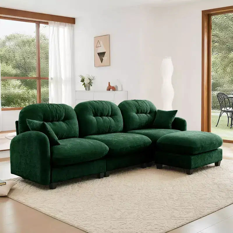 Canapé modulable 3 places beige en tissu chenille en forme de L avec pouf pour salons