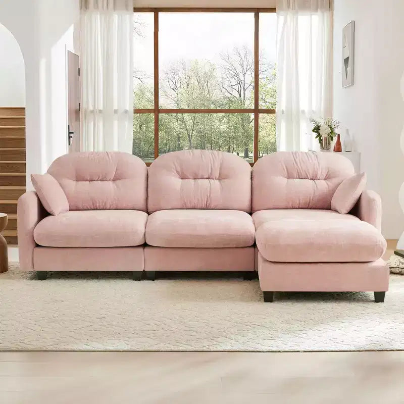 Canapé modulable 3 places beige en tissu chenille en forme de L avec pouf pour salons
