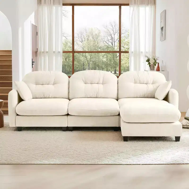 Canapé modulable 3 places beige en tissu chenille en forme de L avec pouf pour salons