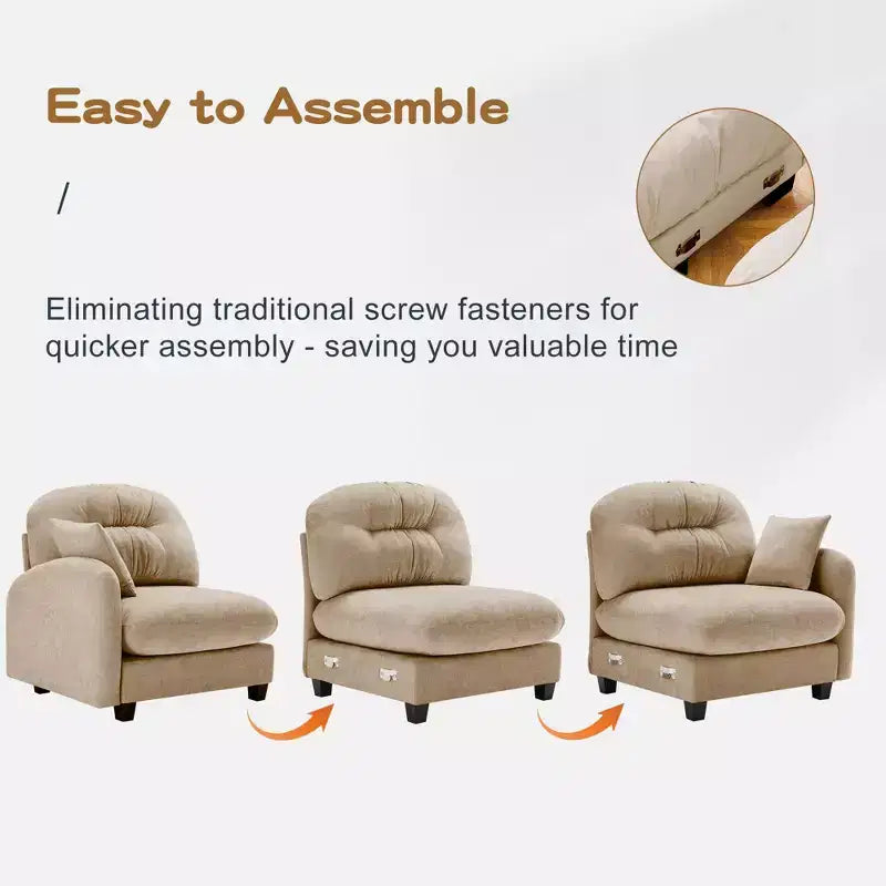 Canapé modulable beige en forme de L en tissu chenille avec ottoman, base en bois de haute qualité pour salons