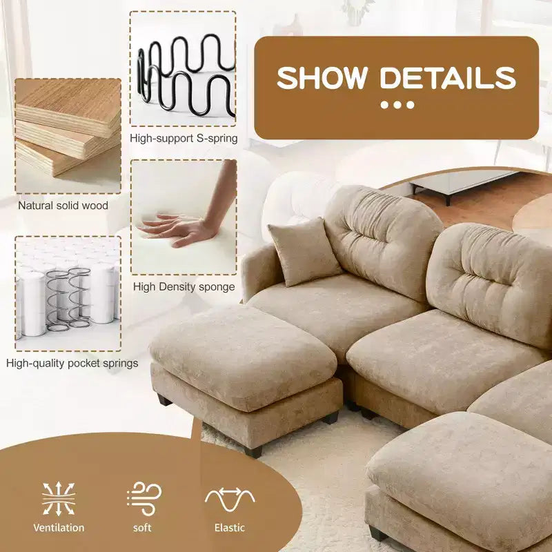 Canapé modulable beige en forme de L en tissu chenille avec ottoman, base en bois de haute qualité pour salons