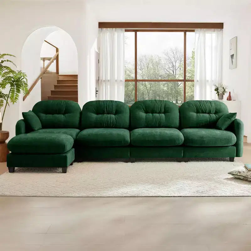 Canapé modulable beige en forme de L en tissu chenille avec ottoman, base en bois de haute qualité pour salons
