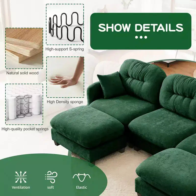 Canapé modulable beige en forme de L en tissu chenille avec ottoman, base en bois de haute qualité pour salons