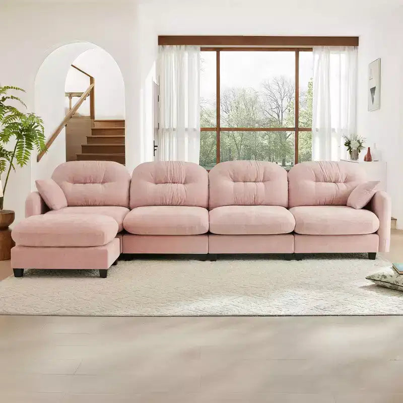 Canapé modulable beige en forme de L en tissu chenille avec ottoman, base en bois de haute qualité pour salons