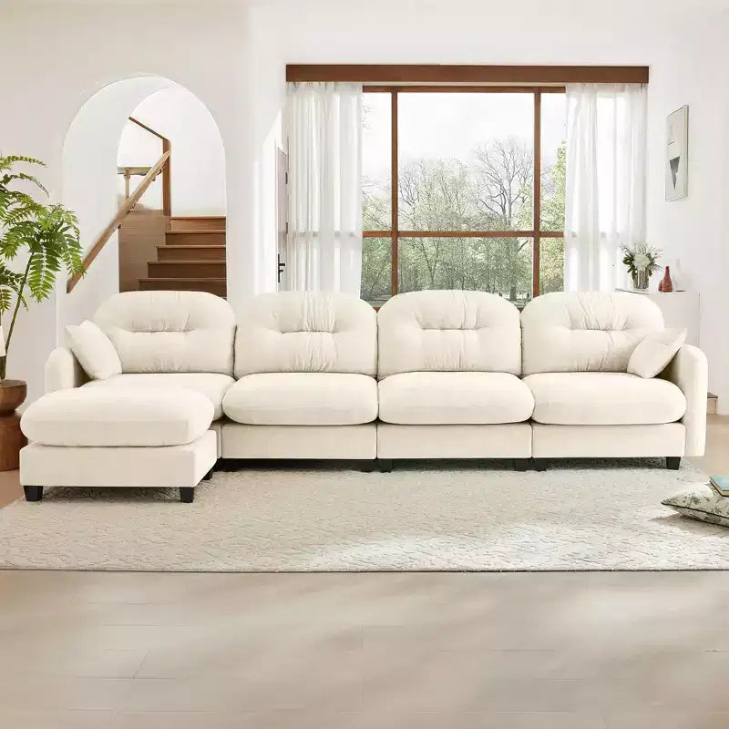 Canapé modulable beige en forme de L en tissu chenille avec ottoman, base en bois de haute qualité pour salons