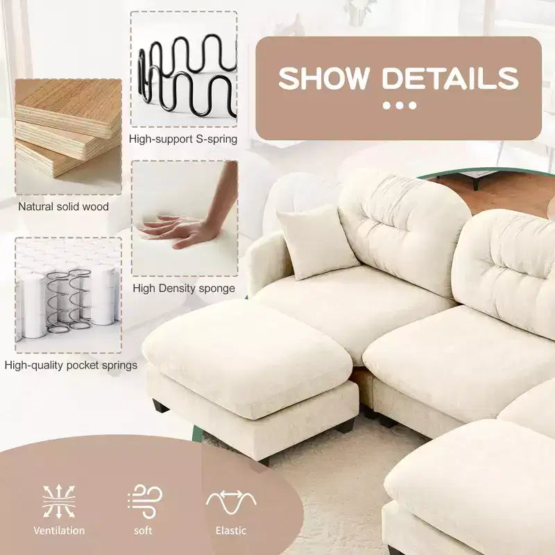 Canapé modulable beige en forme de L en tissu chenille avec ottoman, base en bois de haute qualité pour salons