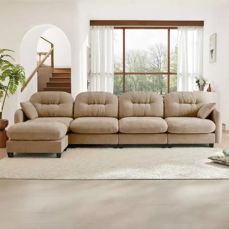 Canapé modulable beige en forme de L en tissu chenille avec ottoman, base en bois de haute qualité pour salons