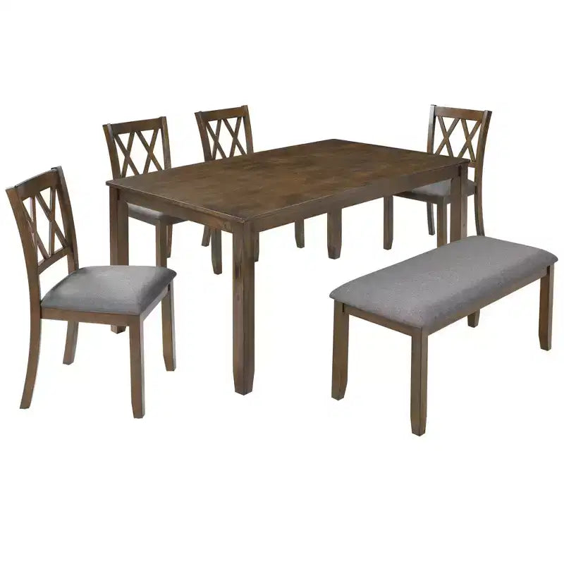 Homy Casa - Ensemble de salle à manger 6 pièces en bois avec 4 chaises rembourrées et un banc, table de cuisine rectangulaire, noyer