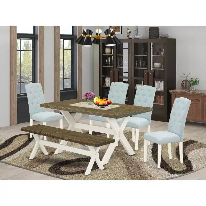 HomeStock Table à manger en bois massif finition chêne naturel 6 pièces avec 1 banc et 4 chaises
