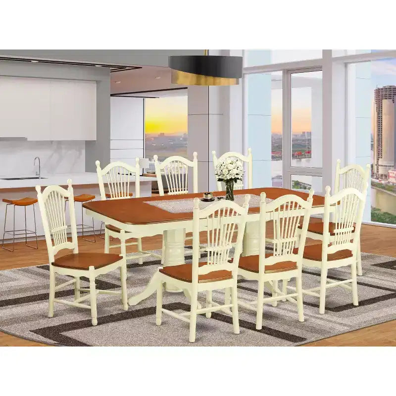 Table à manger rectangulaire 9 pièces HomeStock en bois massif finition cerisier et crème avec 8 chaises