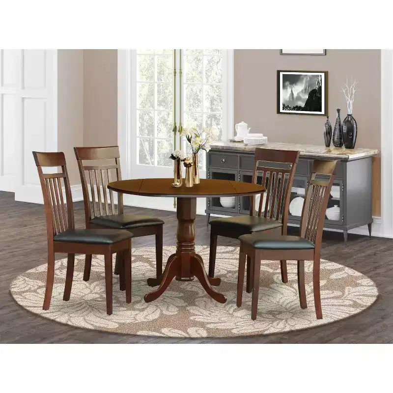 Ensemble de salle à manger 4 personnes avec table à rabats et chaises, petite table ronde sur pied avec chaises à dossier échelle, finition acajou