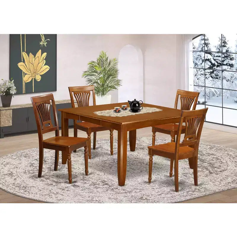 Table à manger HomeStock carrée 5 pièces avec plateau en bois massif et 4 chaises, finition marron selle