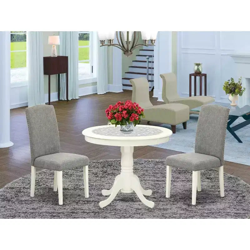 Ensemble table à manger ronde 36 pouces - Table et 2 chaises - Pieds blancs lin - Tissu Shitake foncé