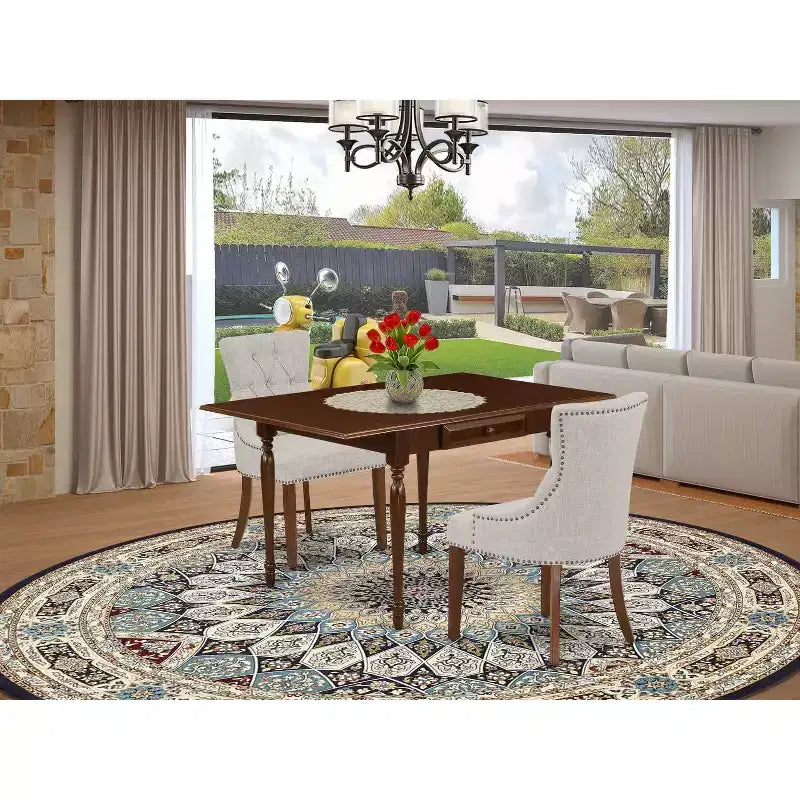 Ensemble de salle à manger 3 pièces HomeStock avec plateau en bois massif finition acajou et table à rallonges