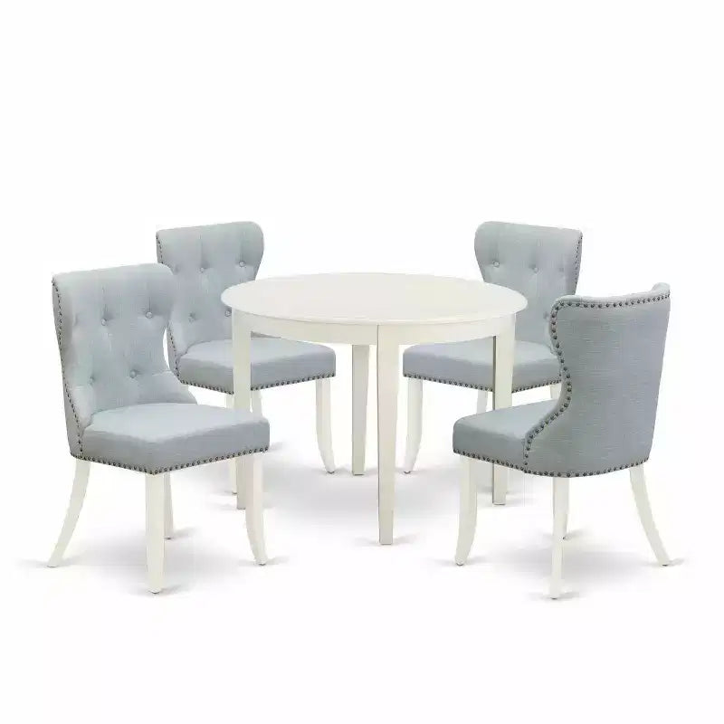5-Piece Linen White Solid Wood Top - Dining Room Set Seats-4